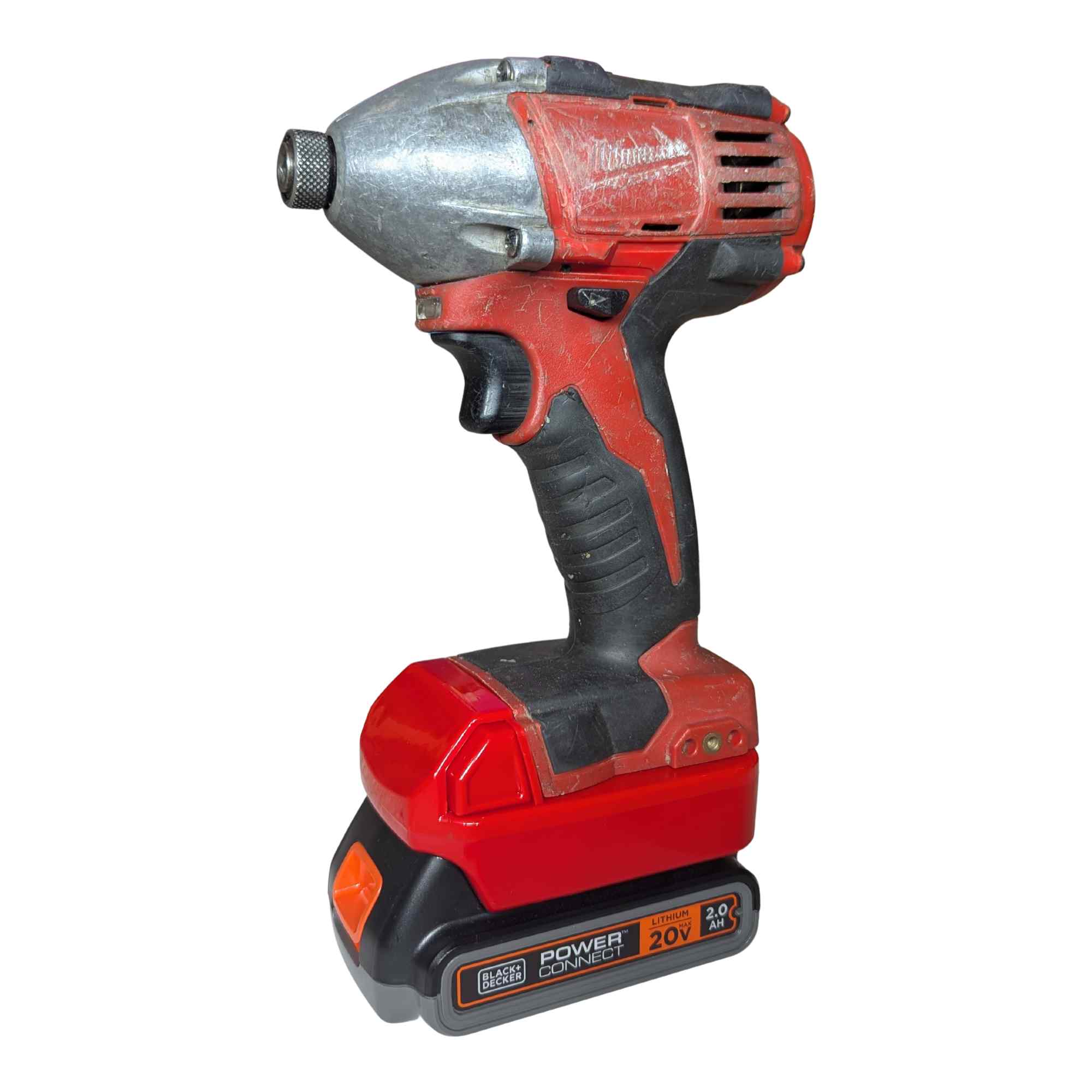 Black and Decker 20V to Milwaukee M18 battery adapter - installed on a Milwaukee impact driver, fitted to the battery