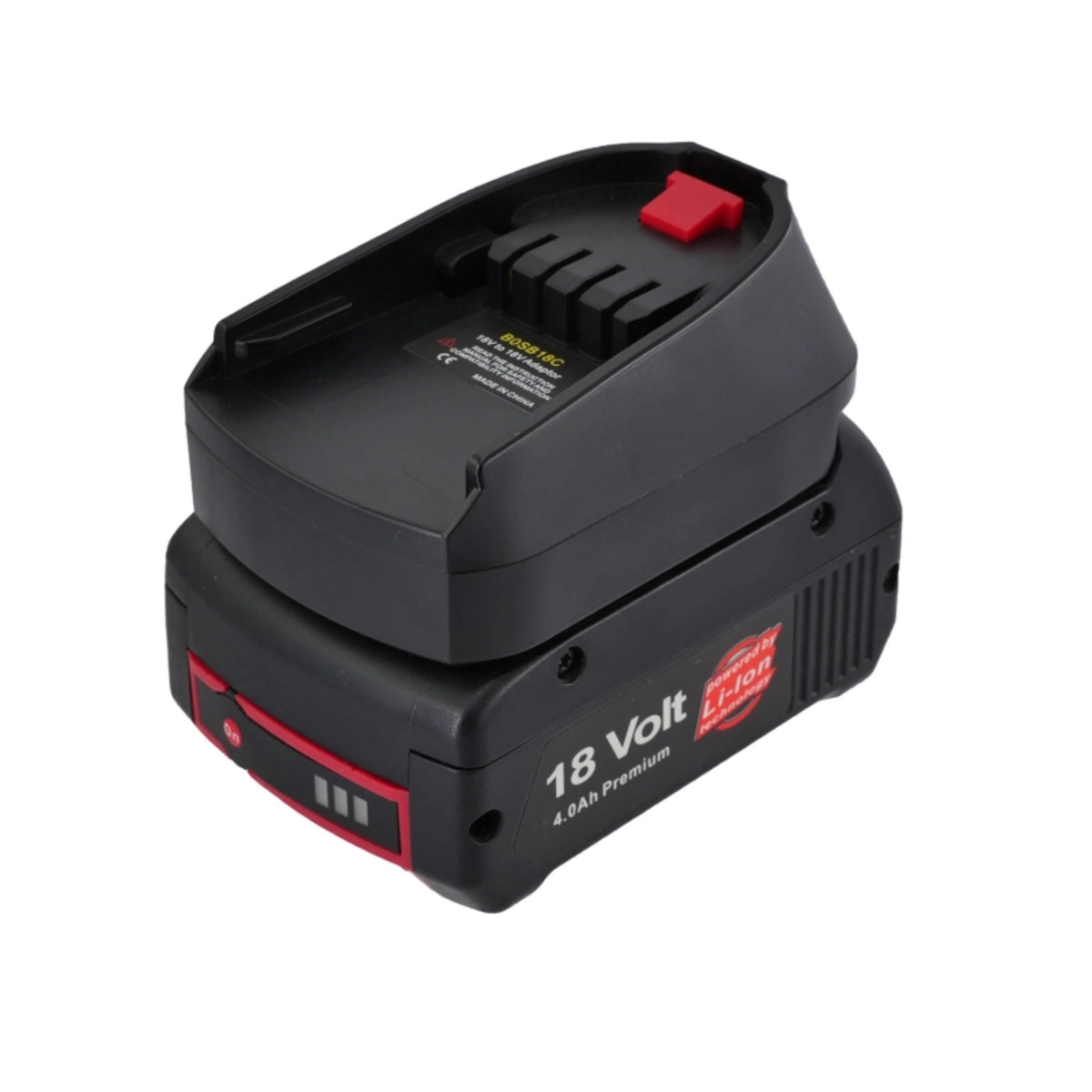 Bosch 18V GBA (Blue) to Flymo 18V P4A battery adapter - fitted to the battery, tool-side face upward