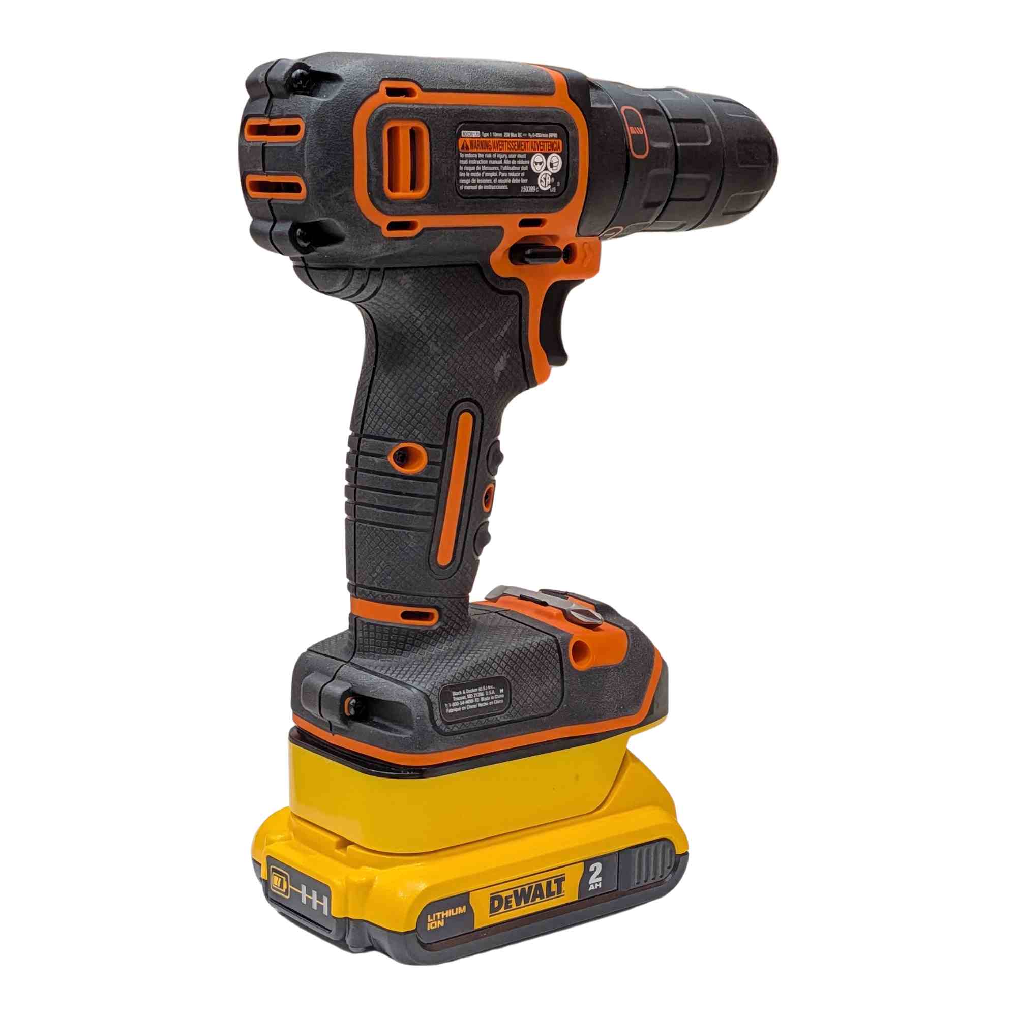 DeWalt 20V MAX to Black and Decker 20V battery adapter - installed on a Black and Decker drill, rear view