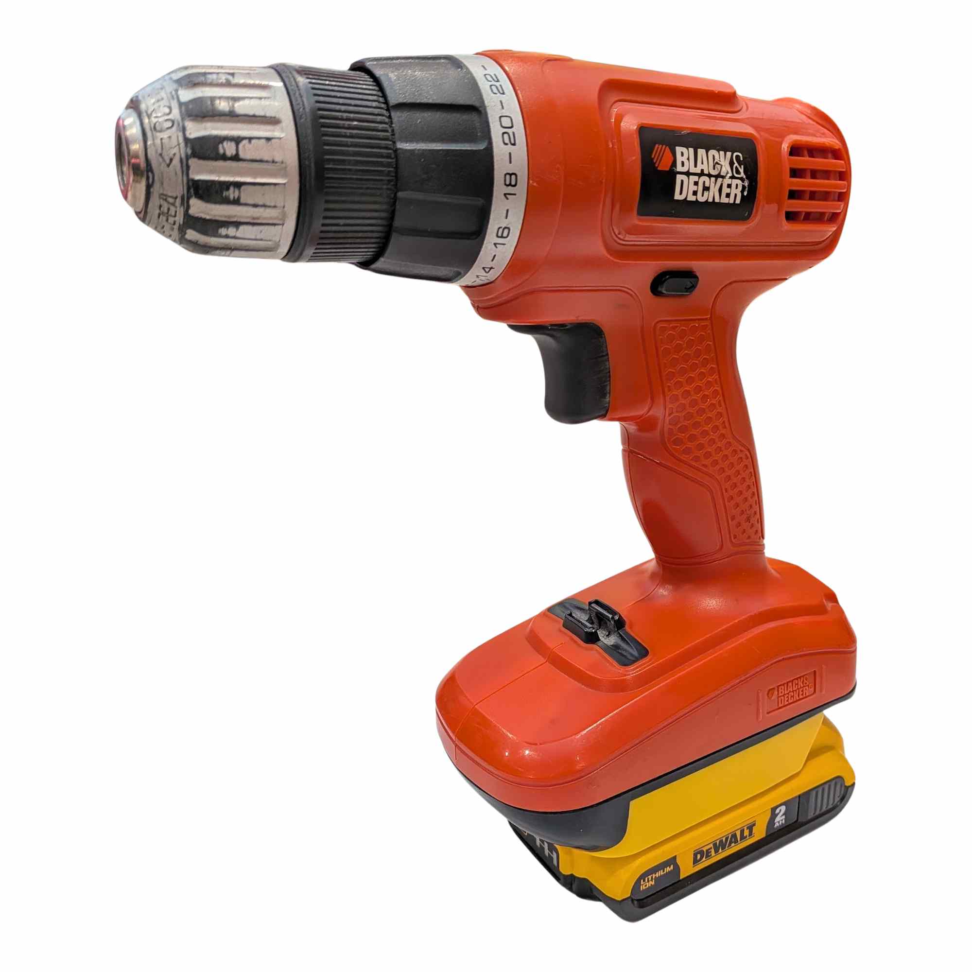 DeWalt 20V MAX to Black and Decker 18V Ni-Cd battery adapter - installed on a drill
