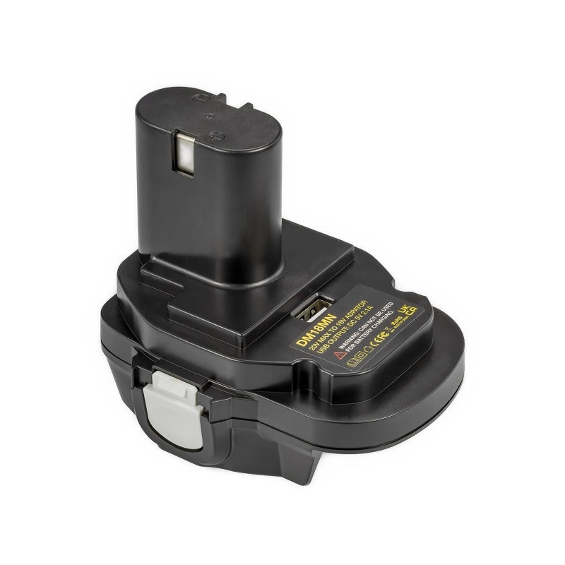 DeWalt 20V MAX to Makita 18V Ni-Cd/Ni-MH battery adapter - Makita tool-side post above the USB port, warning label alongside
