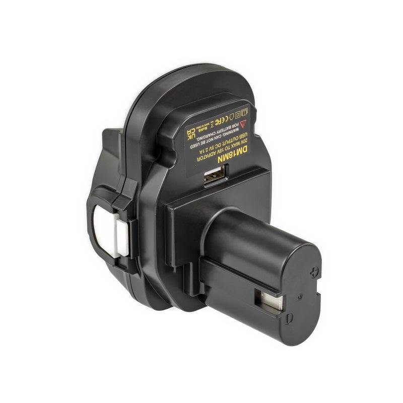 DeWalt 20V MAX to Makita 18V Ni-Cd/Ni-MH battery adapter - USB port and warning label, beside the Makita tool-side post