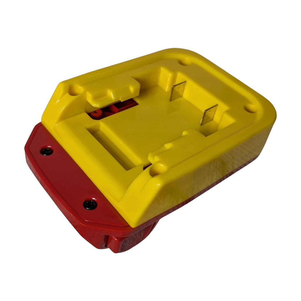 DeWalt 20V MAX to Milwaukee M18 battery adapter - battery-side channel, release catch and rail profile, angled