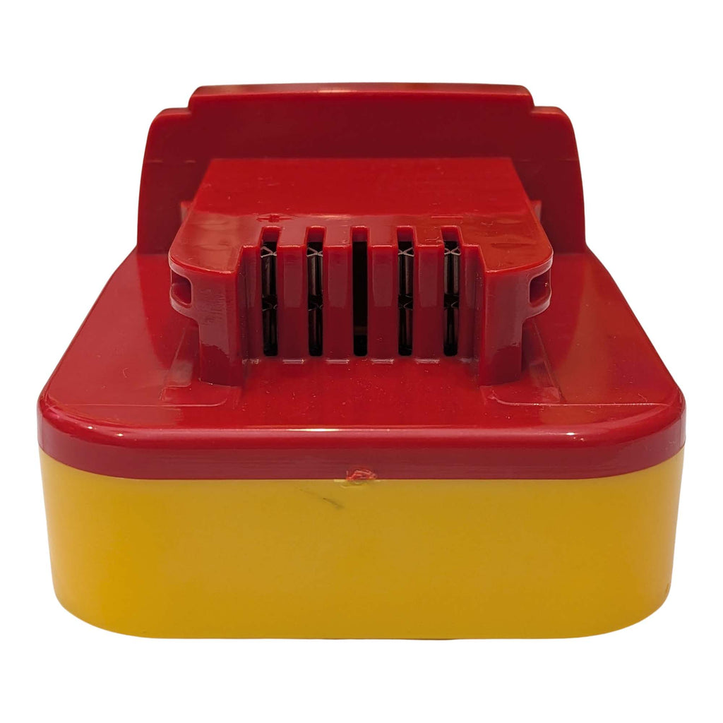 DeWalt 20V MAX to Milwaukee M18 battery adapter - end view of the Milwaukee terminal block with copper contacts in the slots