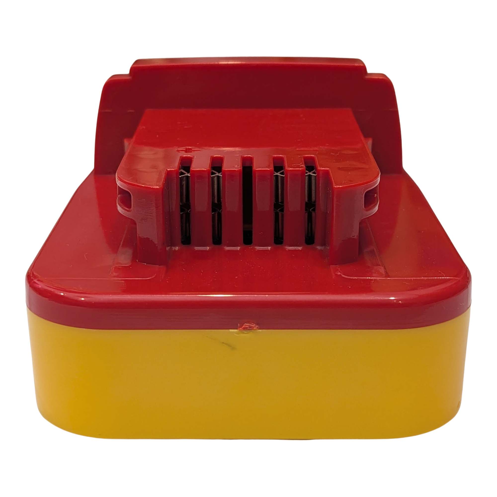 DeWalt 20V MAX to Milwaukee M18 battery adapter - end view of the Milwaukee terminal block with copper contacts in the slots