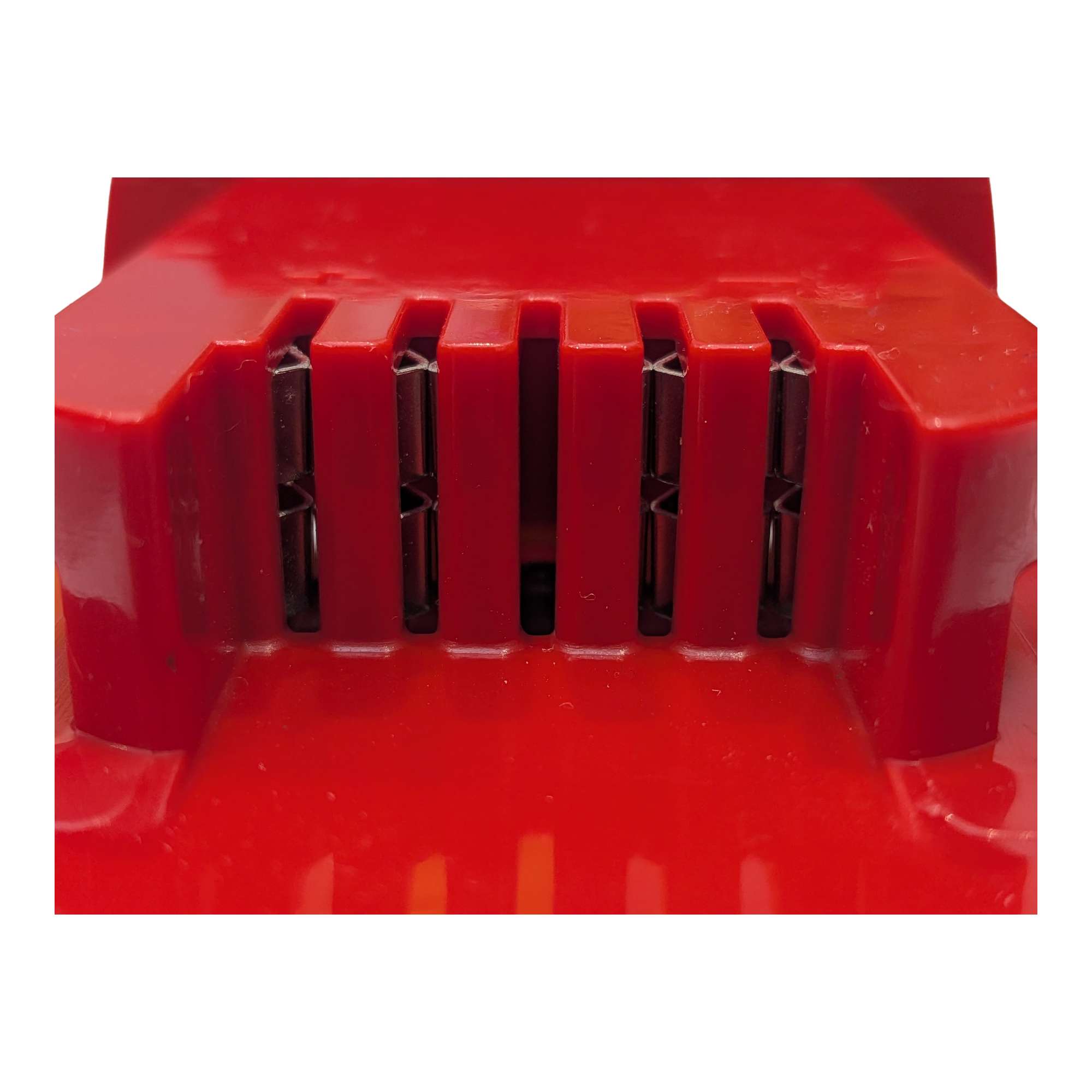 DeWalt 20V MAX to Milwaukee M18 battery adapter - close-up of the Milwaukee tool-side slots with copper spring contacts