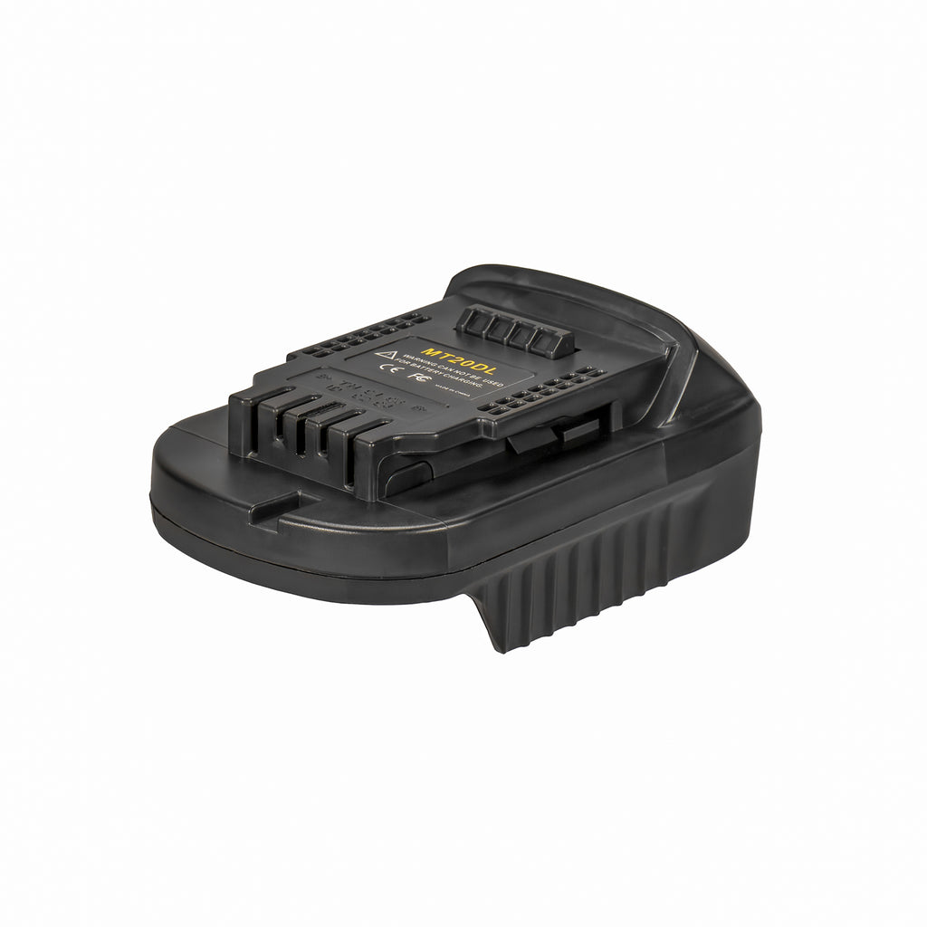 Makita 18V LXT to DeWalt 20V MAX battery adapter - DeWalt-side rail and rating label, angled