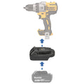 Makita 18V LXT to DeWalt 20V MAX battery adapter - compatibility diagram showing battery, adapter and hammer drill