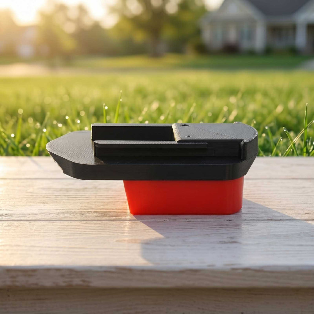 Milwaukee M18 to Porter Cable 19.2V Ni-Cd battery adapter - side view showing both connections, tool-side rails above