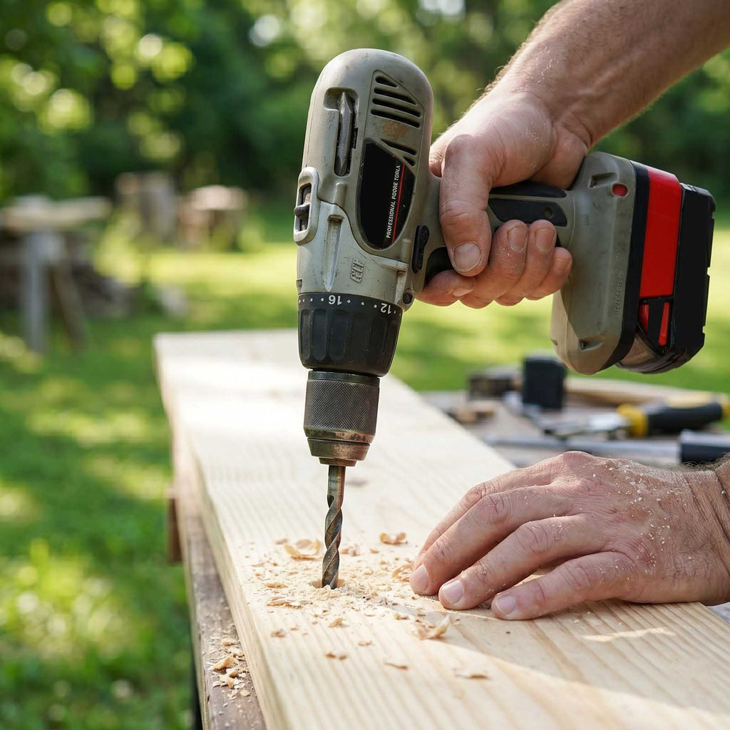Milwaukee M18 to Porter Cable 19.2V Ni-Cd battery adapter - cordless drill boring a hole in a board, battery pack attached