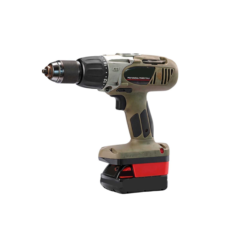 Milwaukee M18 to Porter Cable 19.2V Ni-Cd battery adapter - installed on a drill with the battery pack fitted below