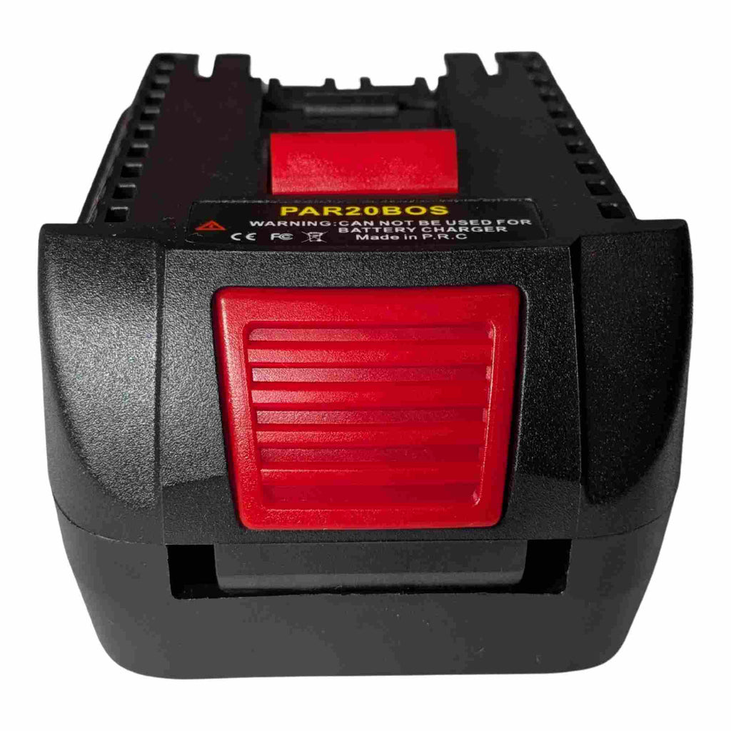 Parkside X20V to Bosch 18V GBA (Blue) battery adapter - end view of the release catch, printed label and tool-side rail above