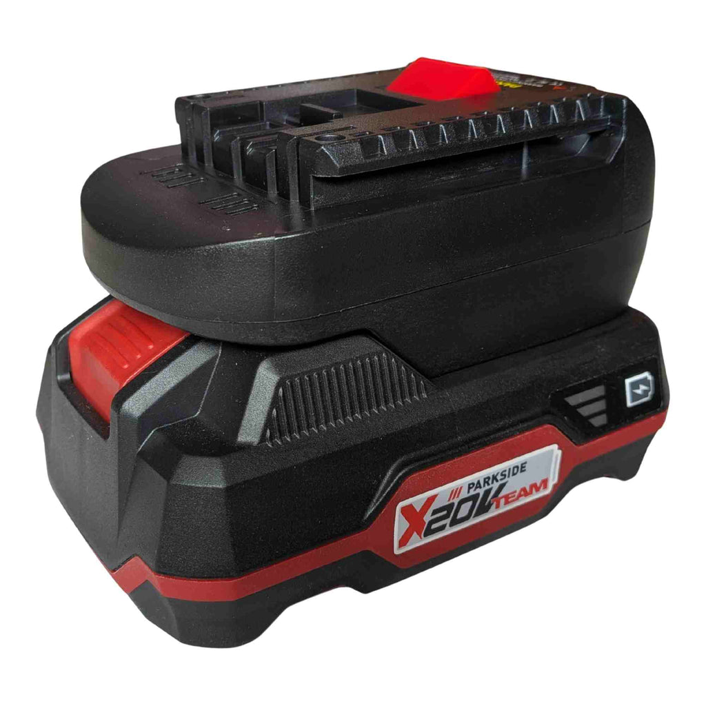Parkside X20V to Bosch 18V GBA (Blue) battery adapter - fitted to the battery, Bosch tool-side rail and release catch upward