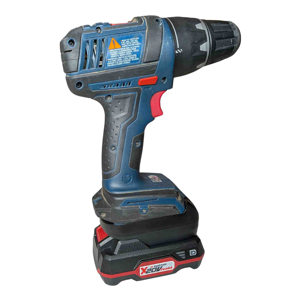 Parkside X20V to Bosch 18V GBA (Blue) battery adapter - installed on a drill driver with the battery pack fitted below