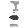 Parkside X20V to Bosch 18V GBA (Blue) battery adapter - compatibility diagram showing battery, adapter and drill driver
