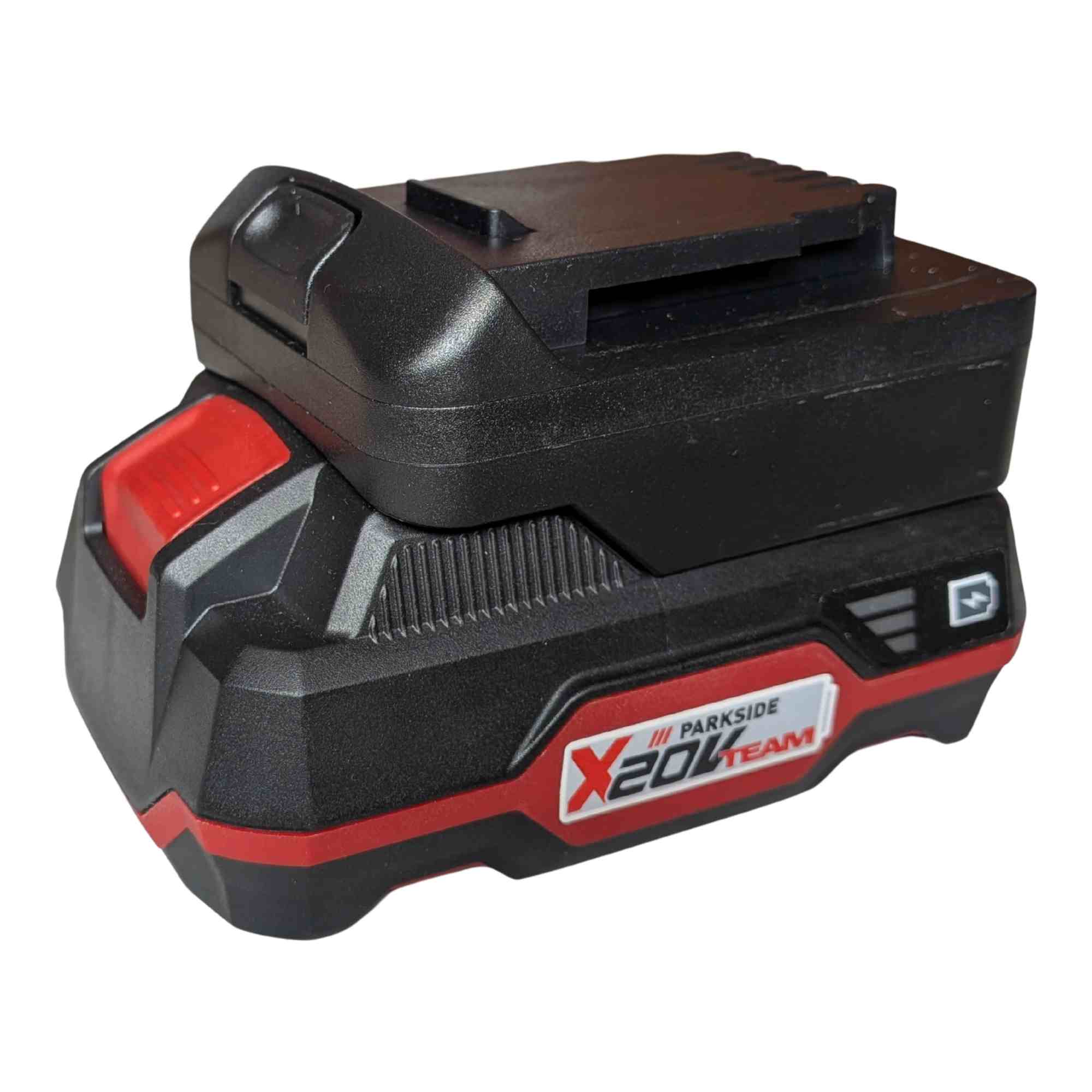 Parkside X20V to DeWalt 20V MAX battery adapter - fitted to the battery, DeWalt tool-side rail and release button upward