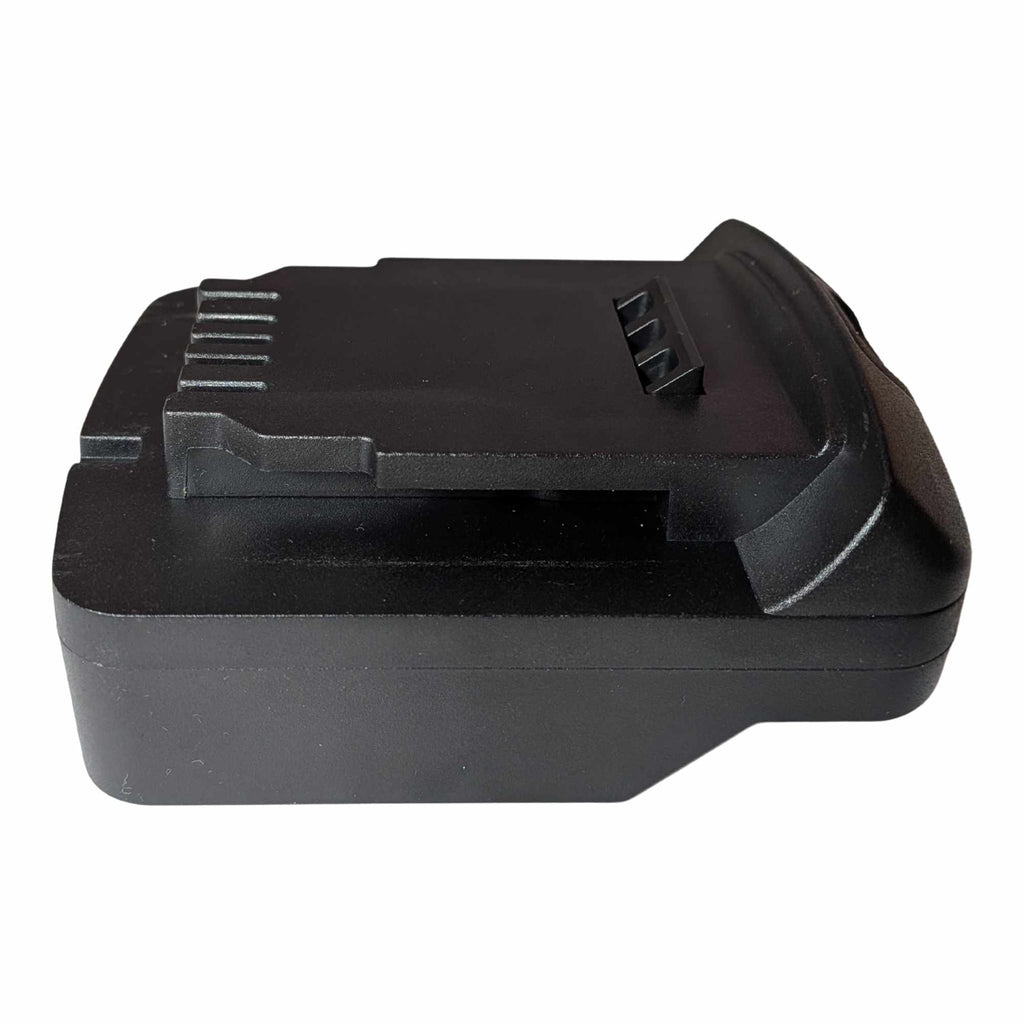 Parkside X20V to DeWalt 20V MAX battery adapter - side view showing the DeWalt tool-side platform, rail and terminal slots