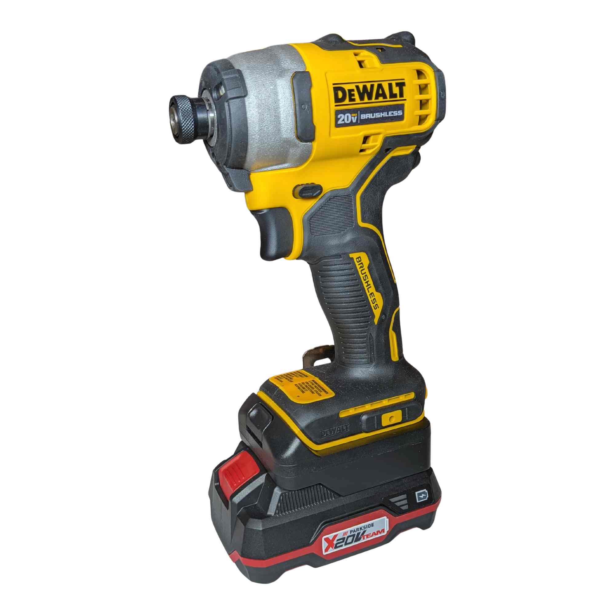 Parkside X20V to DeWalt 20V MAX battery adapter - installed on an impact driver with the battery pack fitted below