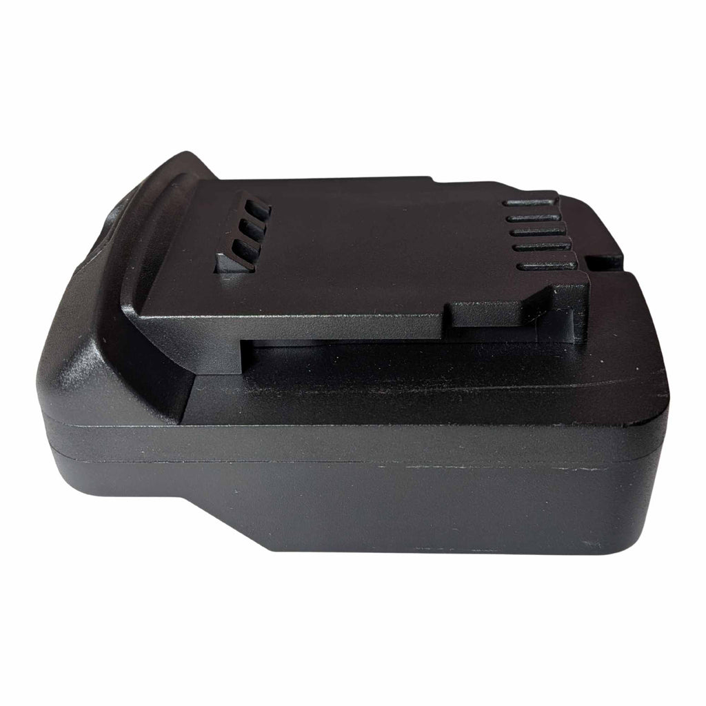 Parkside X20V to DeWalt 20V MAX battery adapter - side view showing the DeWalt tool-side platform, rail and terminal slots