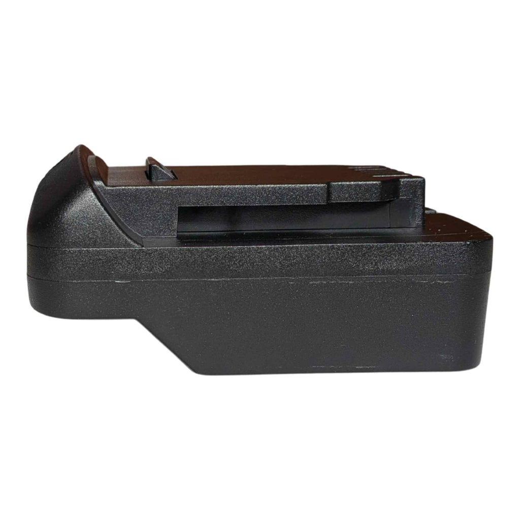 Parkside X20V to DeWalt 20V MAX battery adapter - side elevation showing the stepped body and the DeWalt tool-side rail