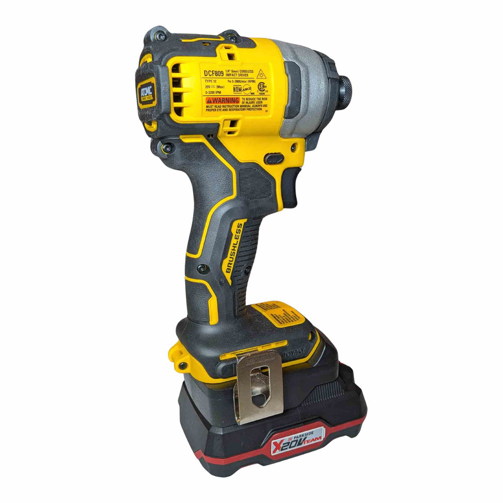 Parkside X20V to DeWalt 20V MAX battery adapter - installed on an impact driver with the battery pack fitted below