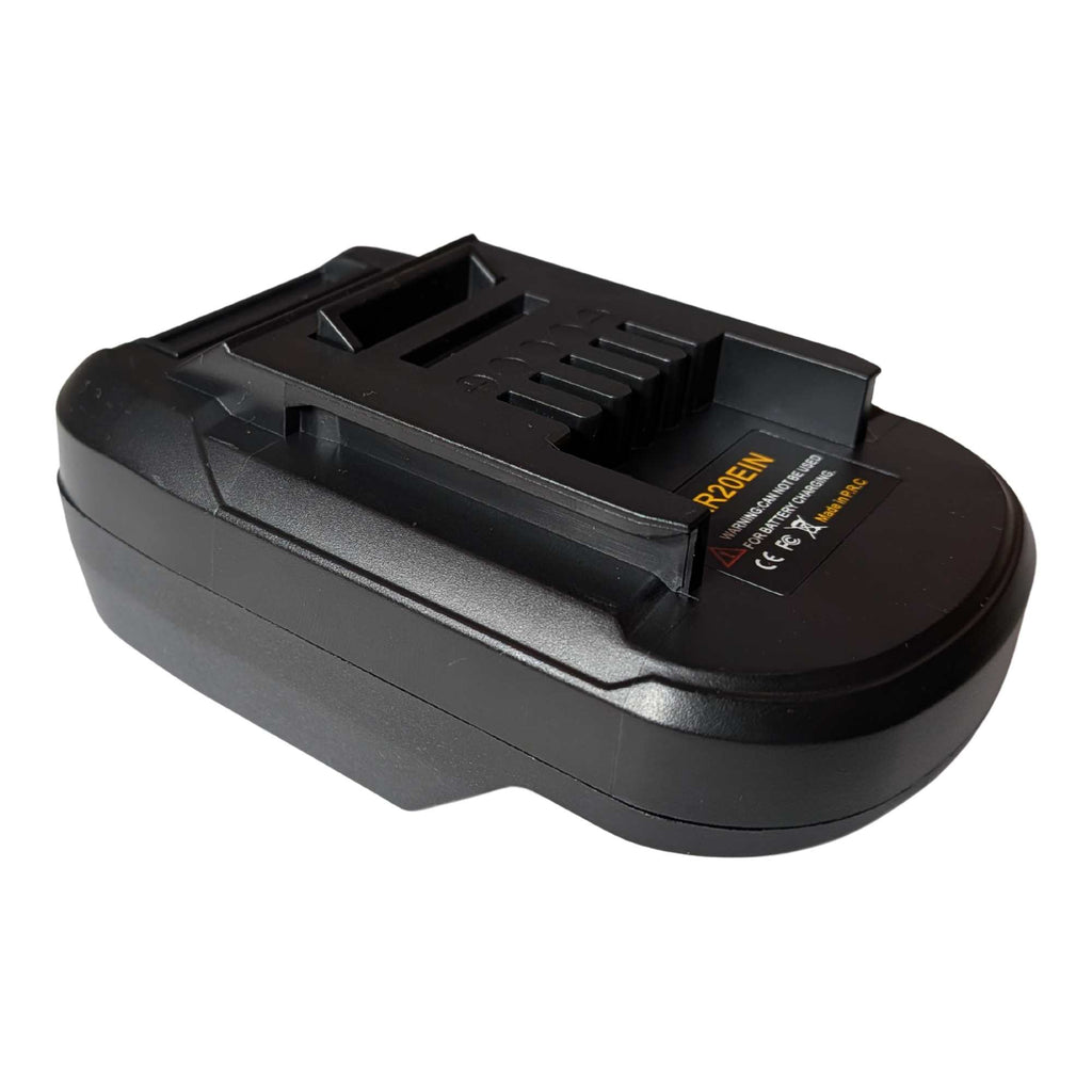 Parkside X20V to Einhell 18V PXC battery adapter - Einhell tool-side connection, angled top view with the spec label