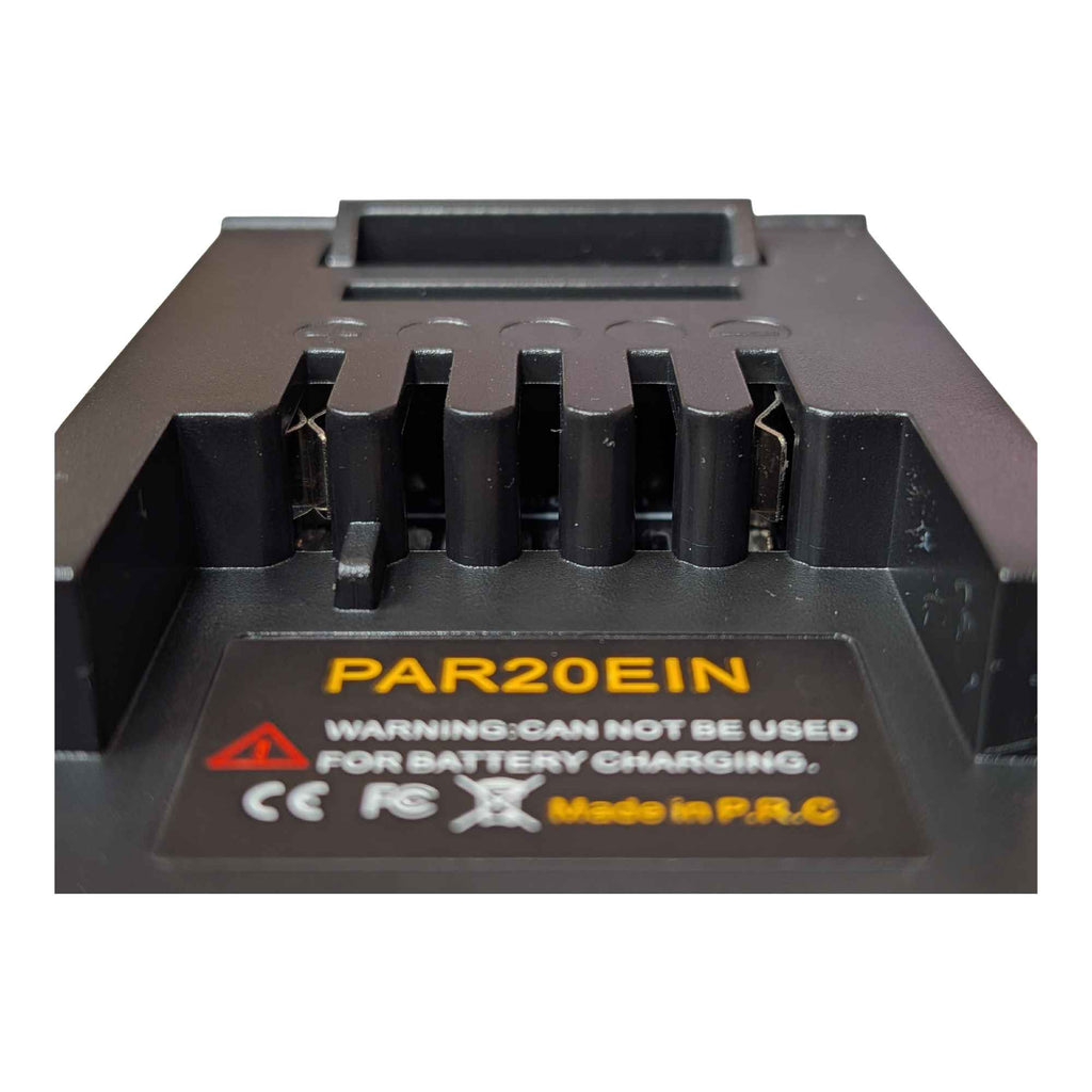 Parkside X20V to Einhell 18V PXC battery adapter - close-up of the Einhell tool-side connection, copper spring clips