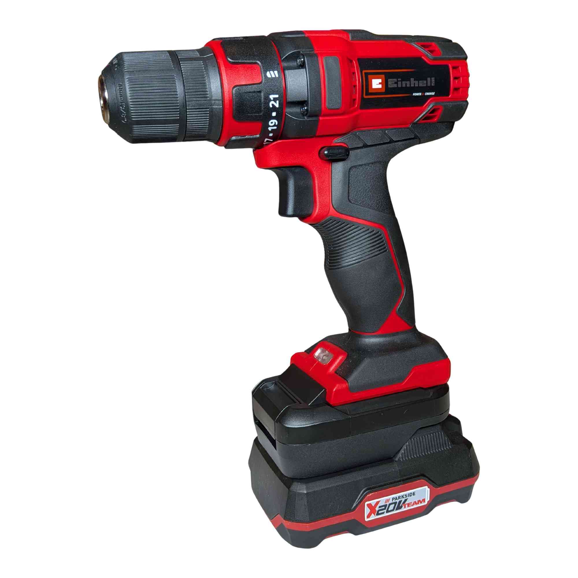 Parkside X20V to Einhell 18V PXC battery adapter - front view installed on a drill over the battery pack