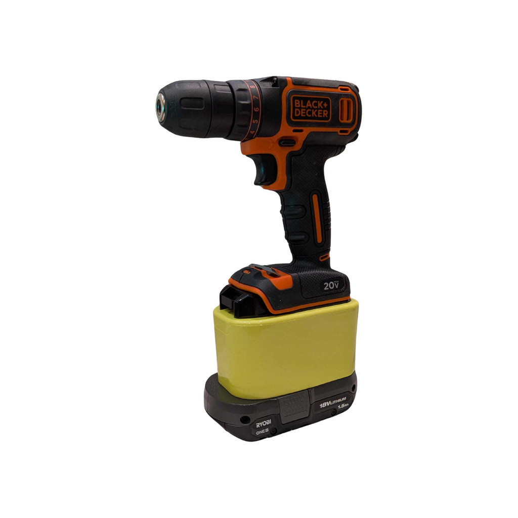 Ryobi 18V ONE+ to Black and Decker 20V battery adapter - installed on a drill with the battery pack fitted