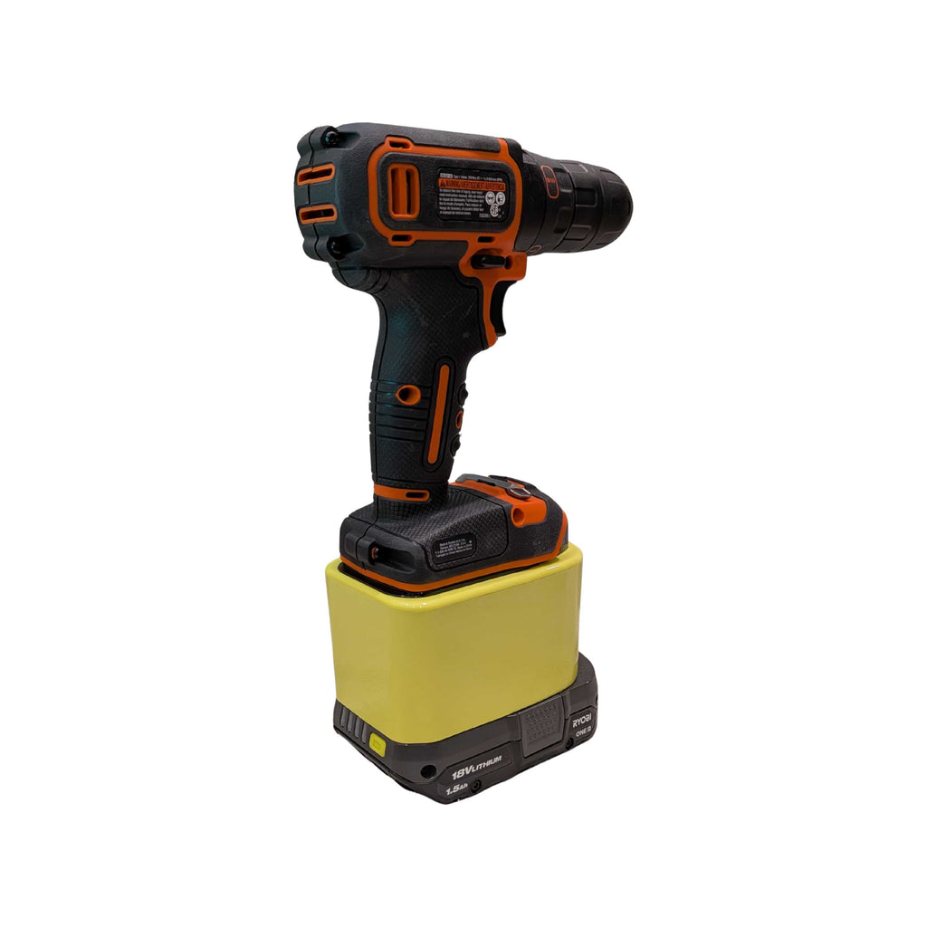 Ryobi 18V ONE+ to Black and Decker 20V battery adapter - installed on a drill, rear view with the battery pack fitted