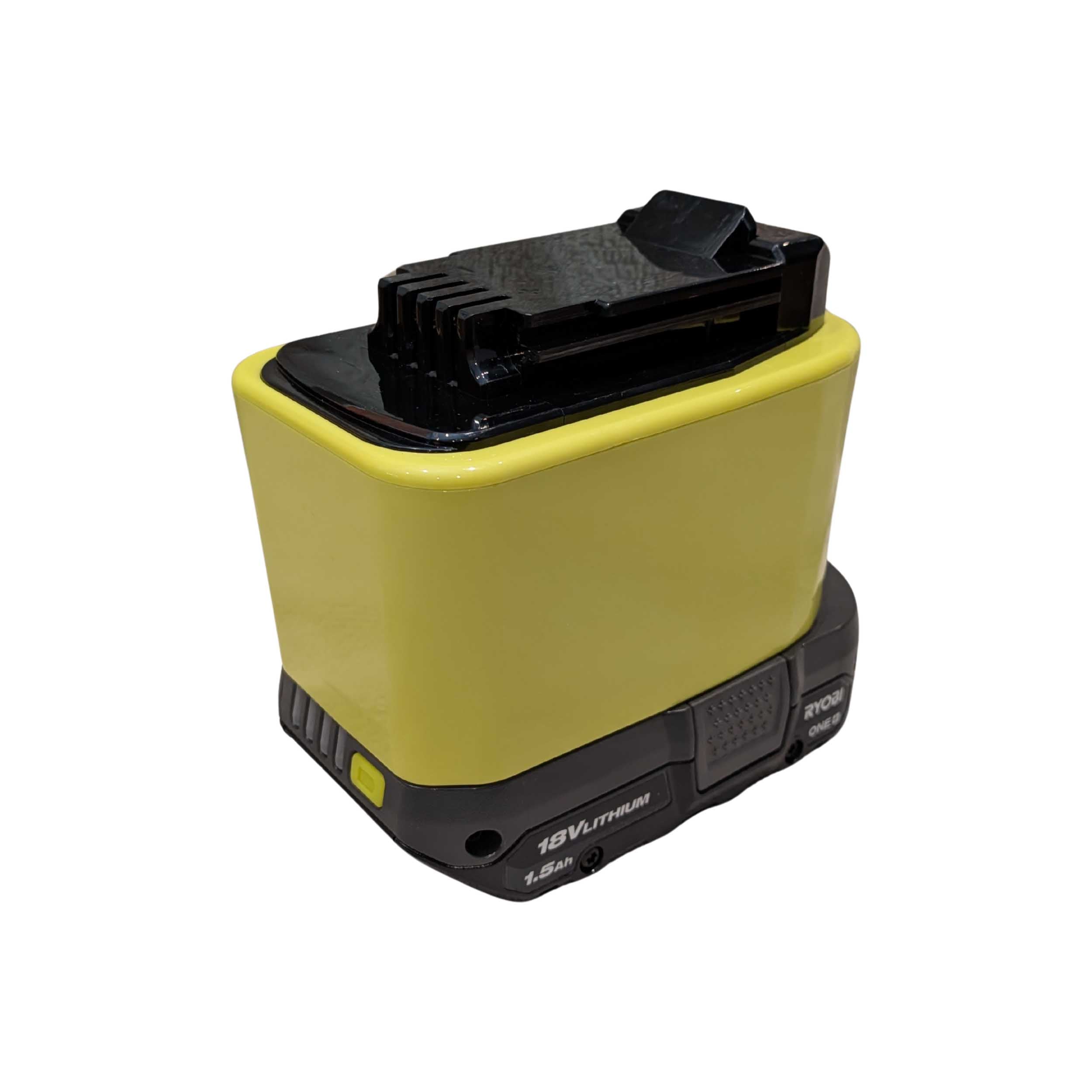 Ryobi 18V ONE+ to Black and Decker 20V battery adapter - fitted to the Ryobi 18V ONE+ battery, tool-side connection upward