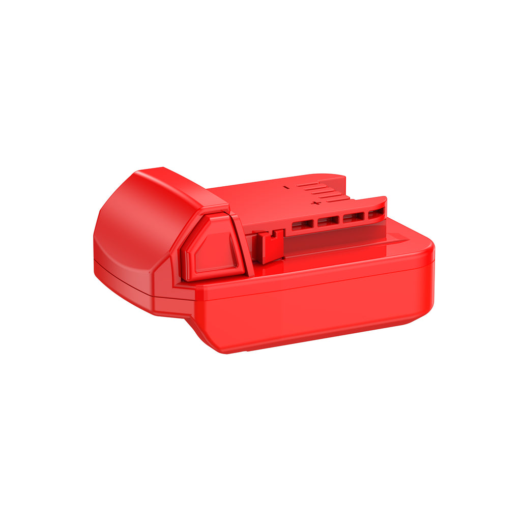Stanley V20 to Milwaukee M18 battery adapter - three-quarter view of the Milwaukee tool-side connection with terminal slots