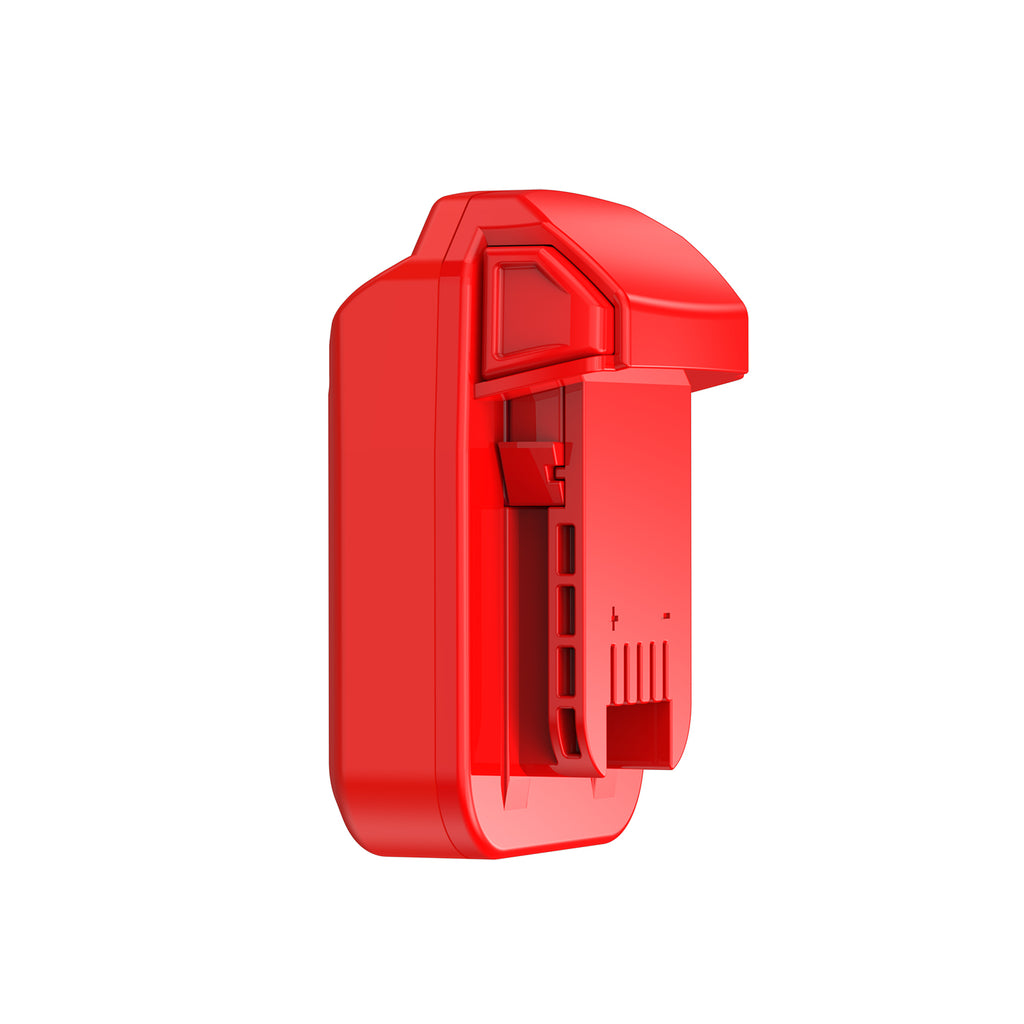 Stanley V20 to Milwaukee M18 battery adapter - side view of the Milwaukee tool-side connection with terminal slots