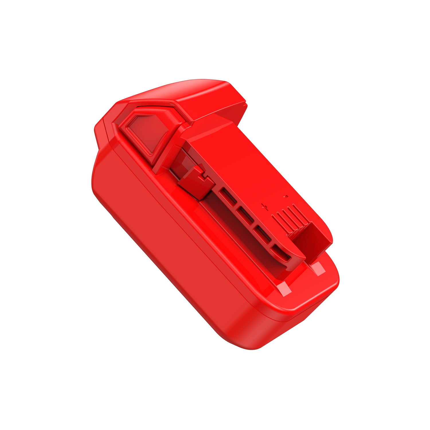Stanley V20 to Milwaukee M18 battery adapter - three-quarter view of the Milwaukee tool-side connection with terminal slots