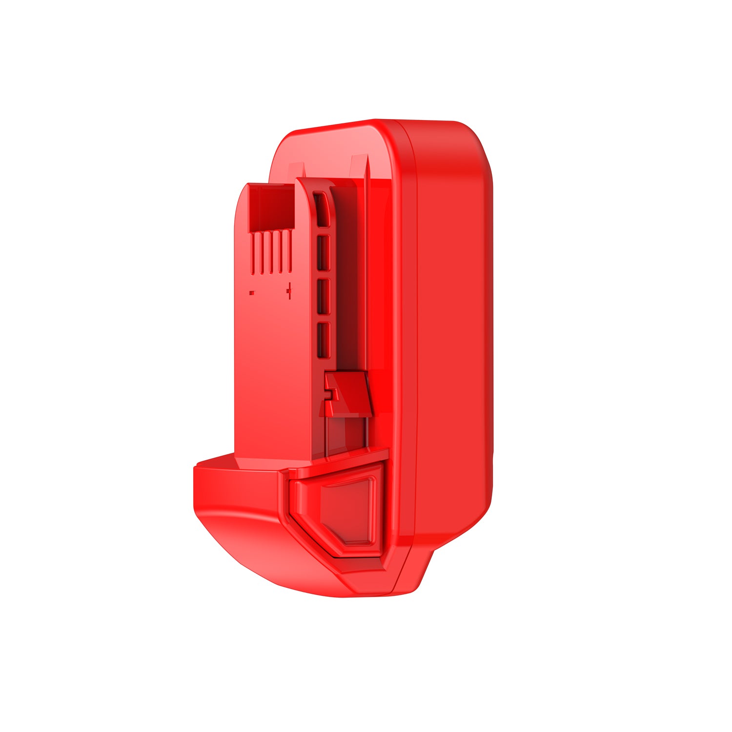 Stanley V20 to Milwaukee M18 battery adapter - side view of the Milwaukee tool-side connection with terminal slots