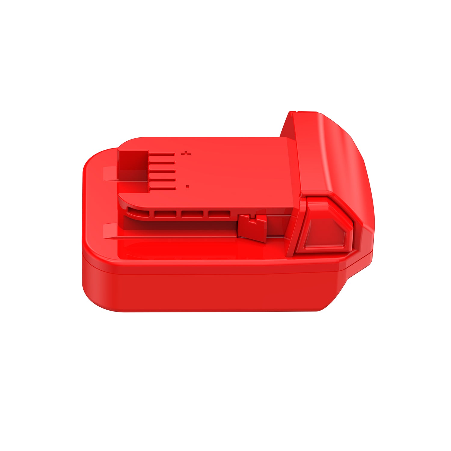 Stanley V20 to Milwaukee M18 battery adapter - top view of the Milwaukee tool-side connection with vent ribs