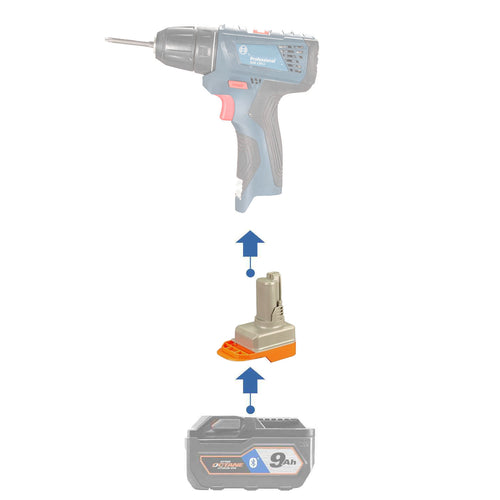AEG 18V to Bosch 12V battery adapter - compatibility diagram showing battery, adapter and drill driver