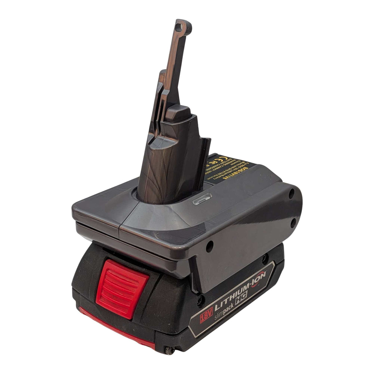 Bosch 18V GBA (Blue) to Dyson V7 battery adapter: Battery on Adapter, Left