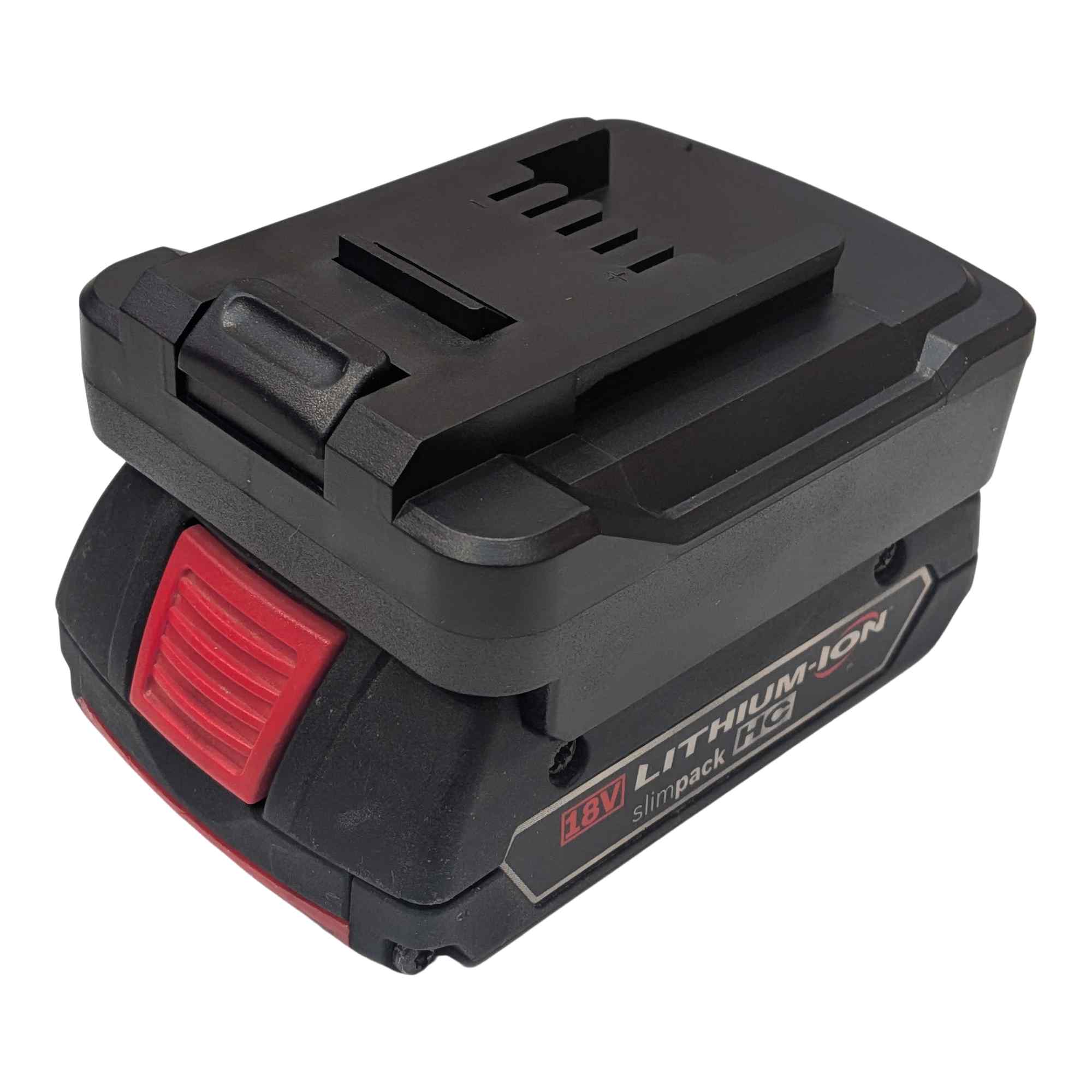 Bosch 18V GBA (Blue) to Ozito 18V PXC battery adapter - fitted to the battery, latch button and tool-side plateau upward
