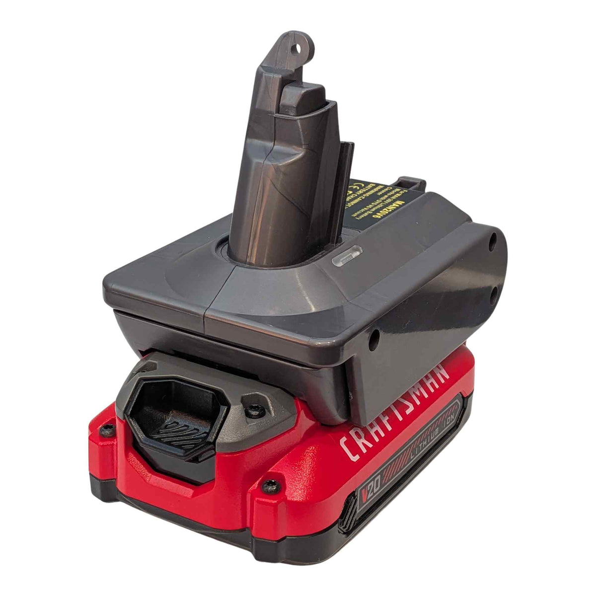 Adaptateur de batterie Craftsman 20V vers Dyson V6 : Batterie sur l’adaptateur, gauche
