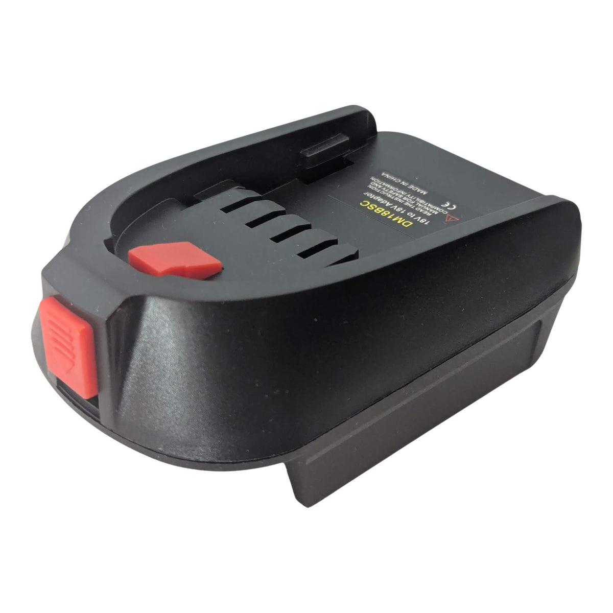 DeWalt 20V MAX to Flymo 18V P4A battery adapter - angled view
