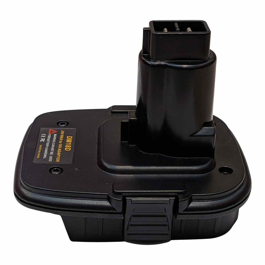 DeWalt 20V MAX to DeWalt 18V Ni-Cd battery adapter - front angle, tool-side post above the body, warning label alongside
