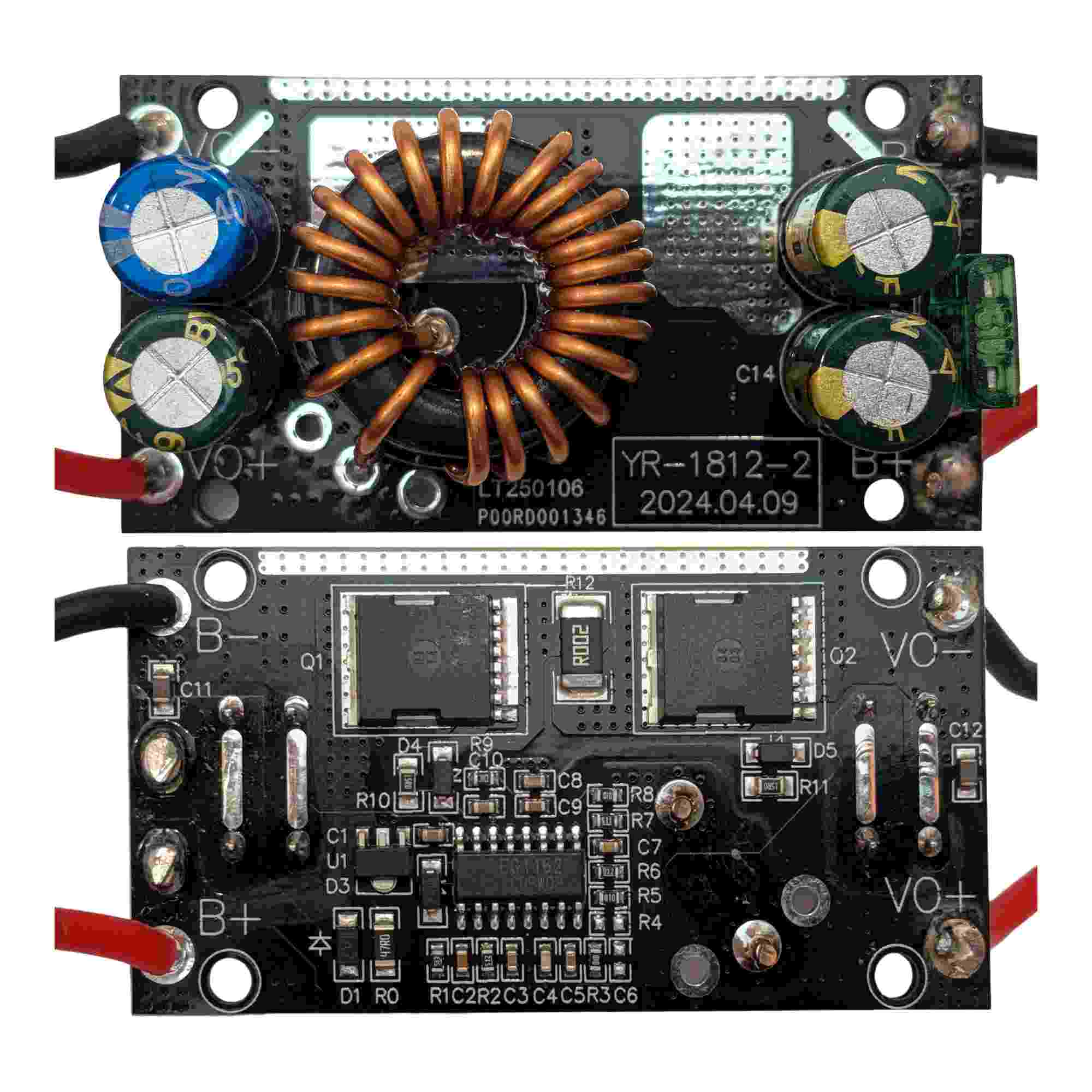 DeWalt 20V MAX to Milwaukee M12 battery adapter - both faces of the internal circuit board, toroidal coil and lead wires