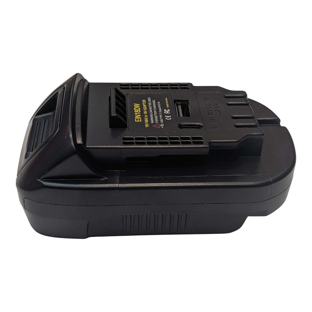 Einhell 18V PXC to DeWalt 20V MAX battery adapter - side view, DeWalt tool-side connection and USB ports on the upper face
