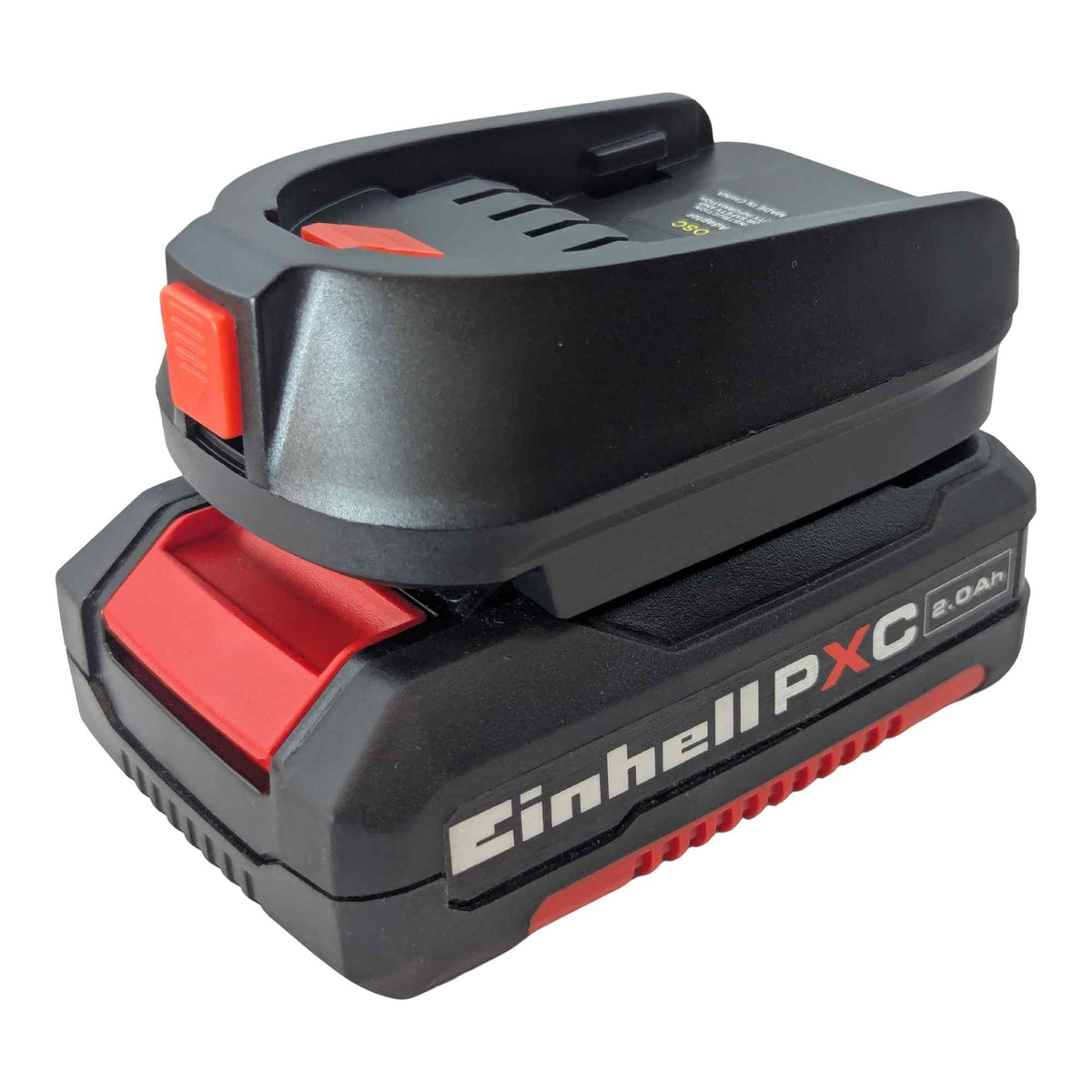 Einhell 18V PXC to Flymo 18V P4A battery adapter - adapter mounted on Einhell PXC battery front angle