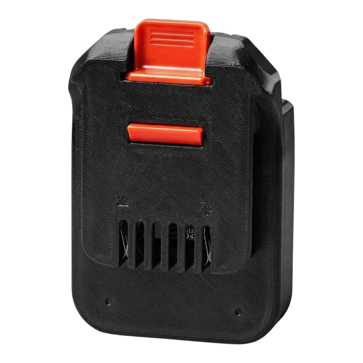 Einhell 18V PXC to MacNaught 18V battery adapter - MacNaught tool-side face, terminal slots with moulded + and - marks