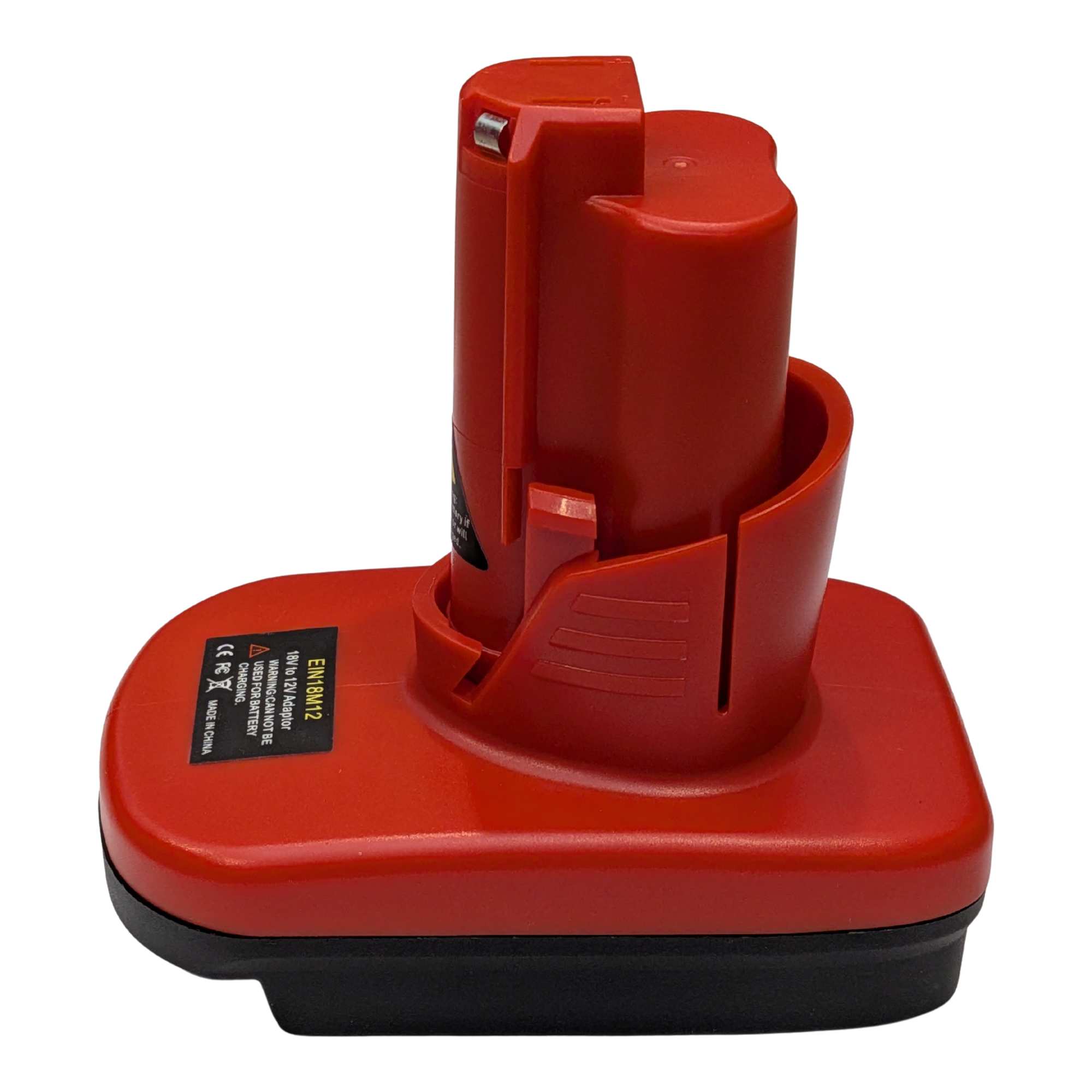 Einhell 18V PXC to Milwaukee M12 battery adapter - side view showing both connections, red body over the black base