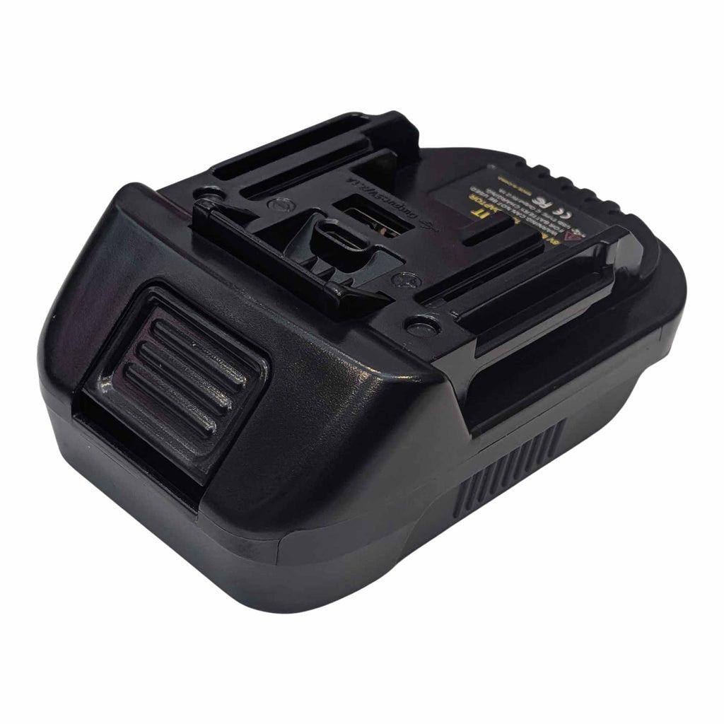 Einhell 18V PXC to RIDGID Plumbing battery adapter - angled top view of the tool-side connection with rails and terminal
