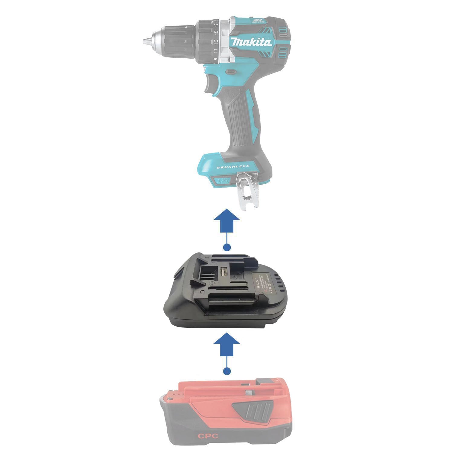 Hilti 22V to Makita 18V LXT battery adapter - compatibility diagram showing battery, adapter and drill driver