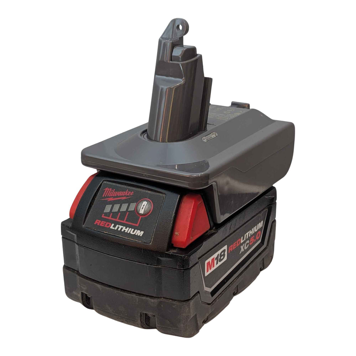 Milwaukee M18 to Dyson V6 battery adapter: Battery on Adapter, Left